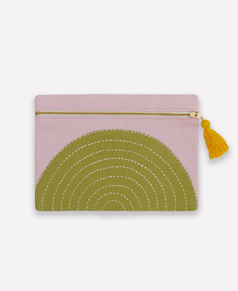 lilac small pouch with olive green half moon design and yellow tassel