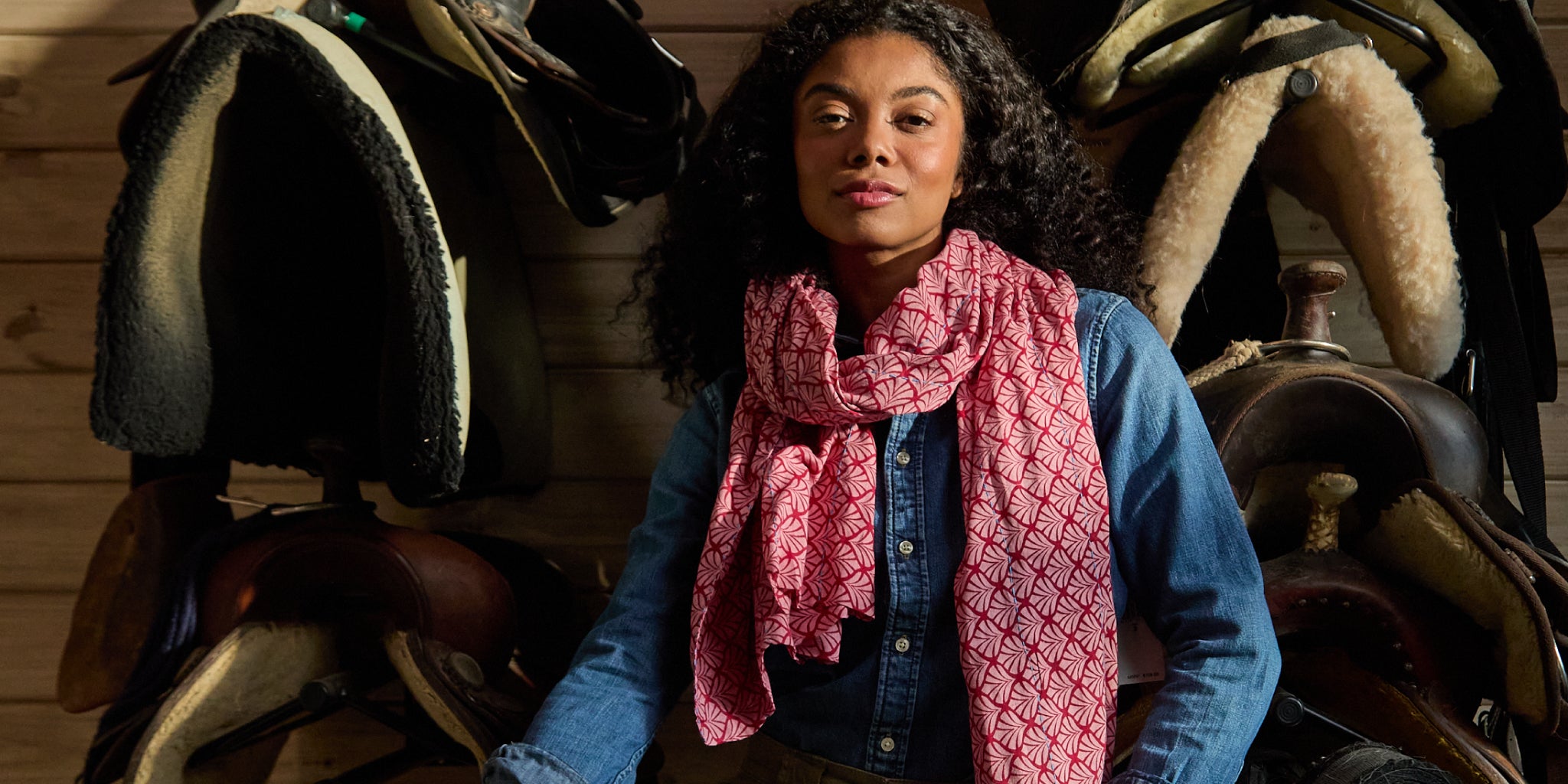 woman wearing pink patterned cotton scarf