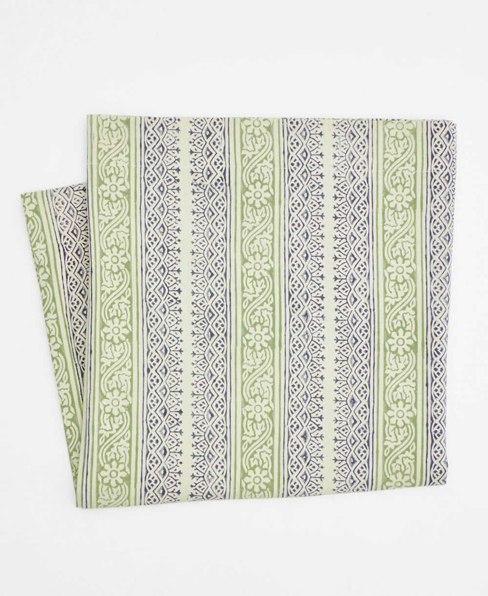 ethically made block print shower curtain handmade in India from 100% organic cotton twill in blue and green stripes