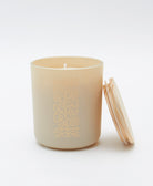 glass jar candle in matte cream with raw wooden maple lid with an eco-friendly cotton wick