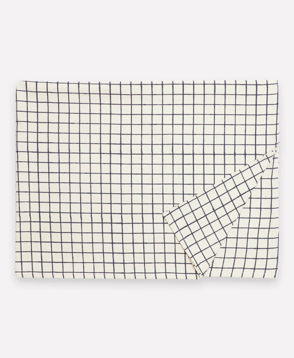 modern block print tablecloth in white and navy grid pattern  made from 100% organic cotton