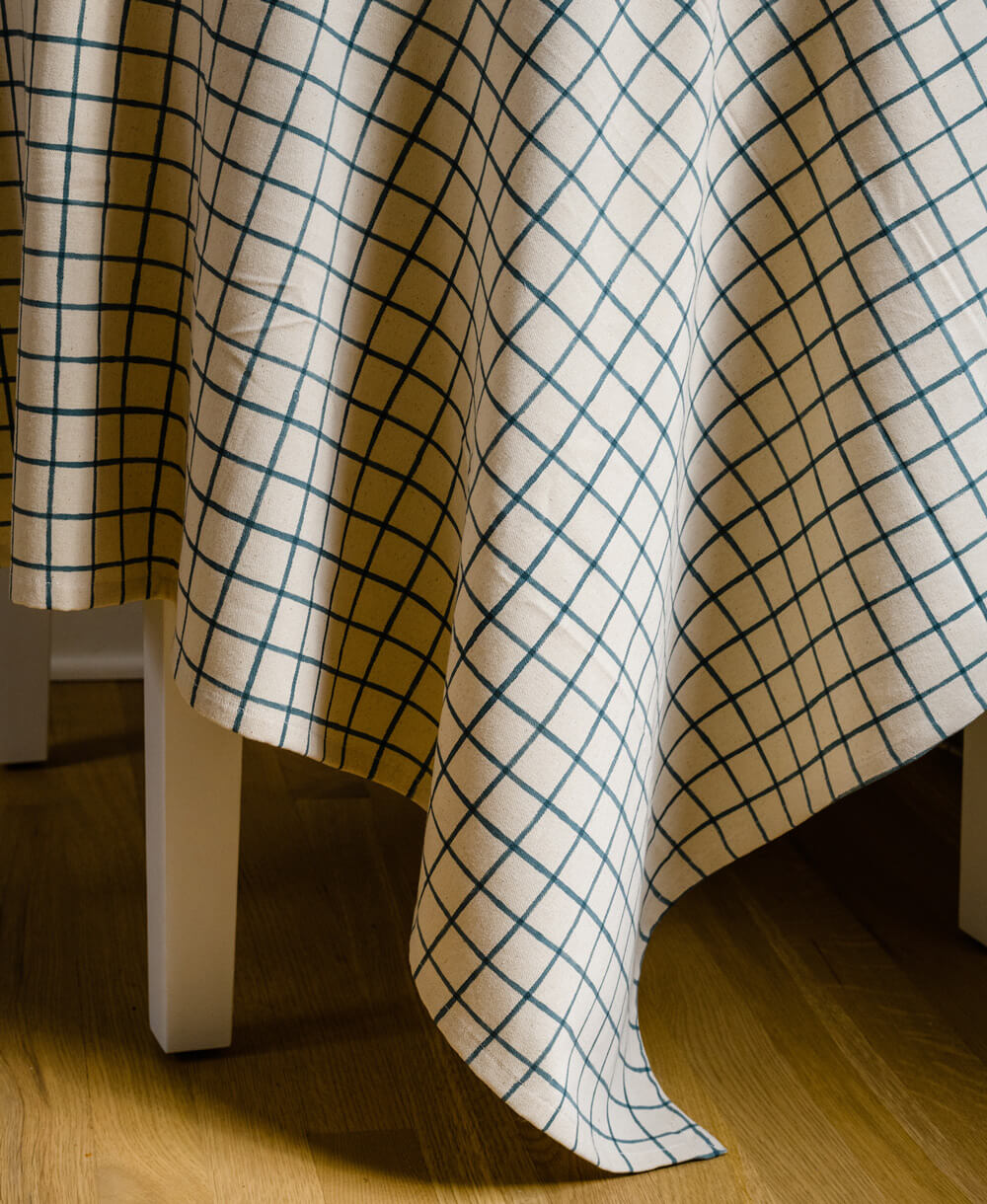 ethically handmade block print tablecloth in navy grid pattern