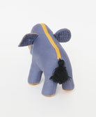 handmade stuffed elephant in slate blue and mustard yellow with black tassel tail accent