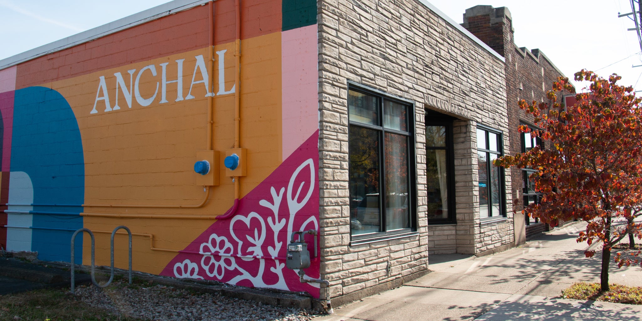 Anchal's storefront in Louisville, KY with hand-painted mural on side of retail building.