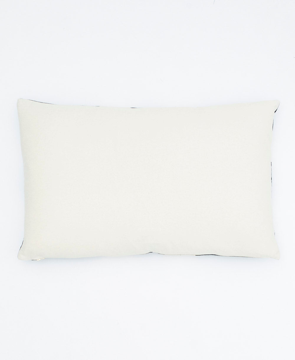 back of charcoal interlock lumbar pillow made from organic cotton twill in a Fair Trade environment