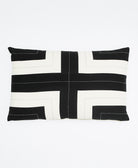 black and white lumbar pillow with bold intersecting stripe pattern with kantha embroidery