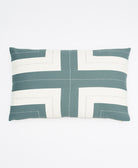 lumbar pillow in spruce green and white in an intersecting stripe print with white accent embroidery