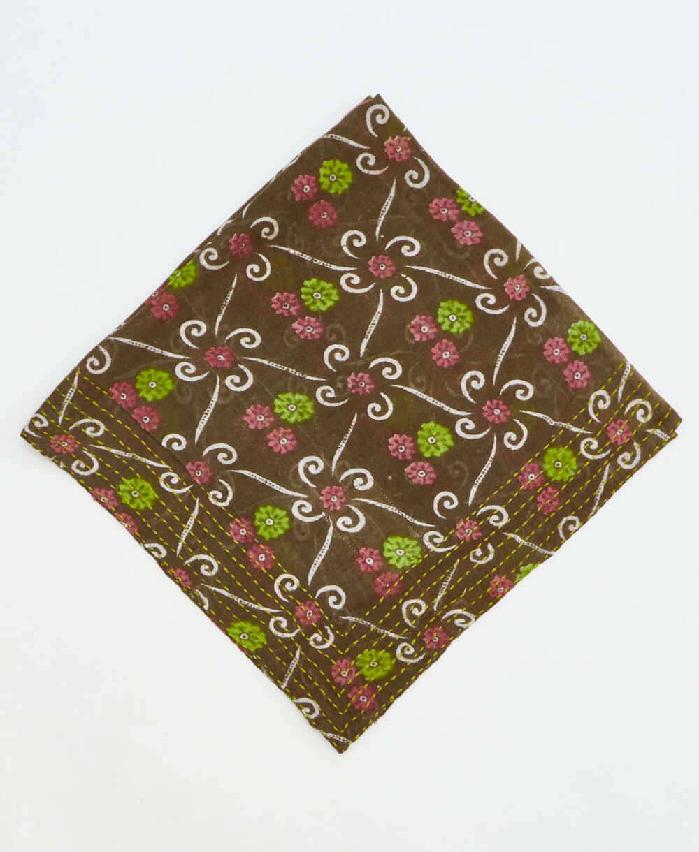 green and prink floral print cotton bandana scarf handmade in India