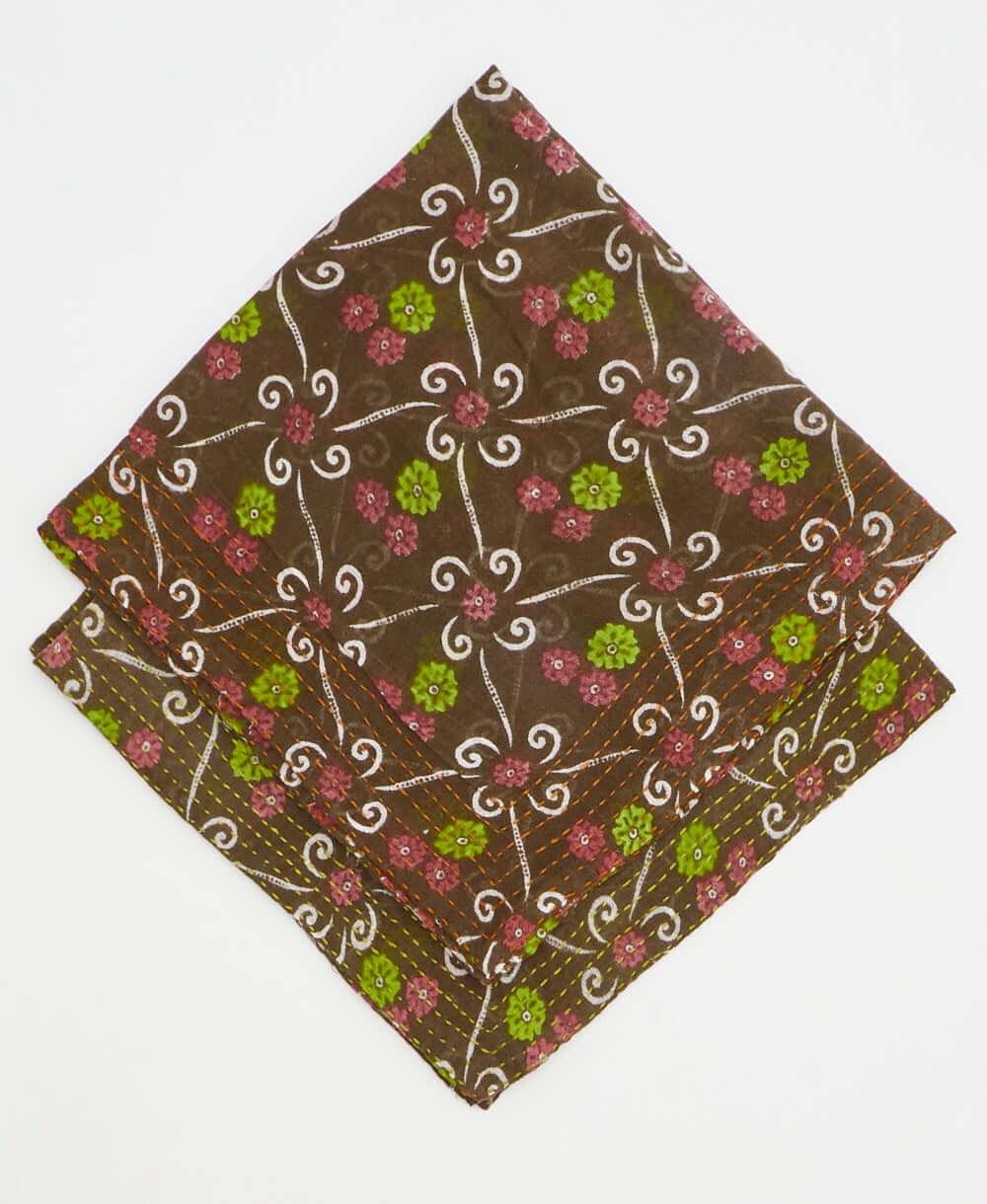 embroidered bandana scarf in a one-of-a-kind green and pink floral pattern