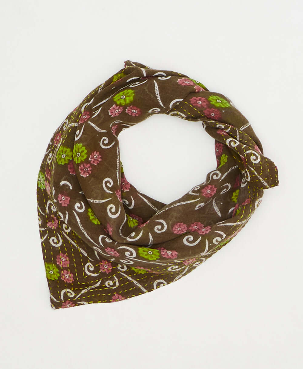 artisan-made vintage cotton bandana in a green and pink floral design