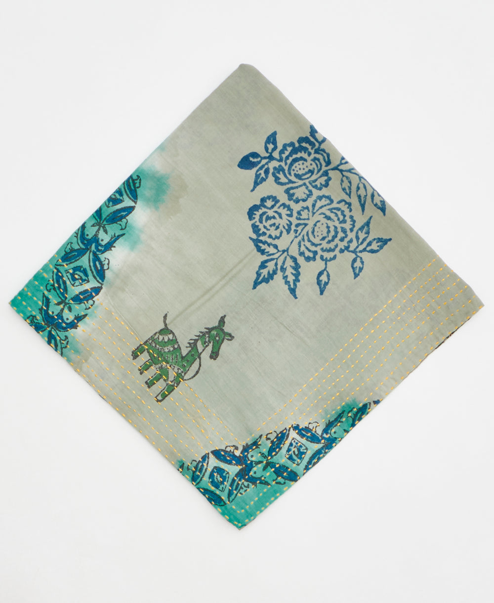 blue and green abstract print cotton bandana scarf handmade in India