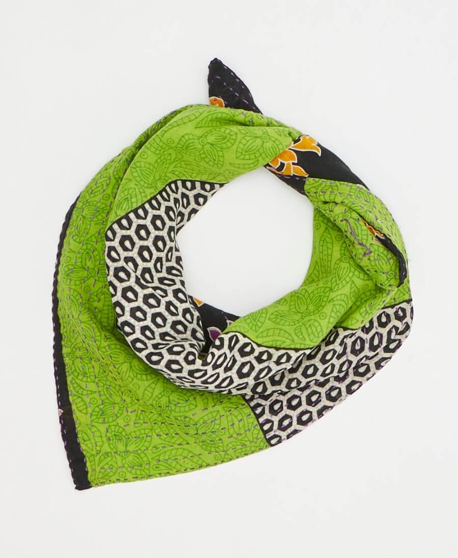 artisan-made vintage cotton bandana in a bold green floral design