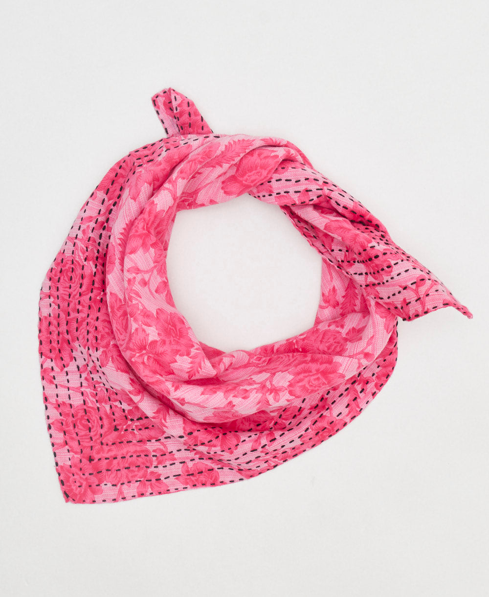 artisan-made vintage cotton bandana in a bright pink classic floral design
