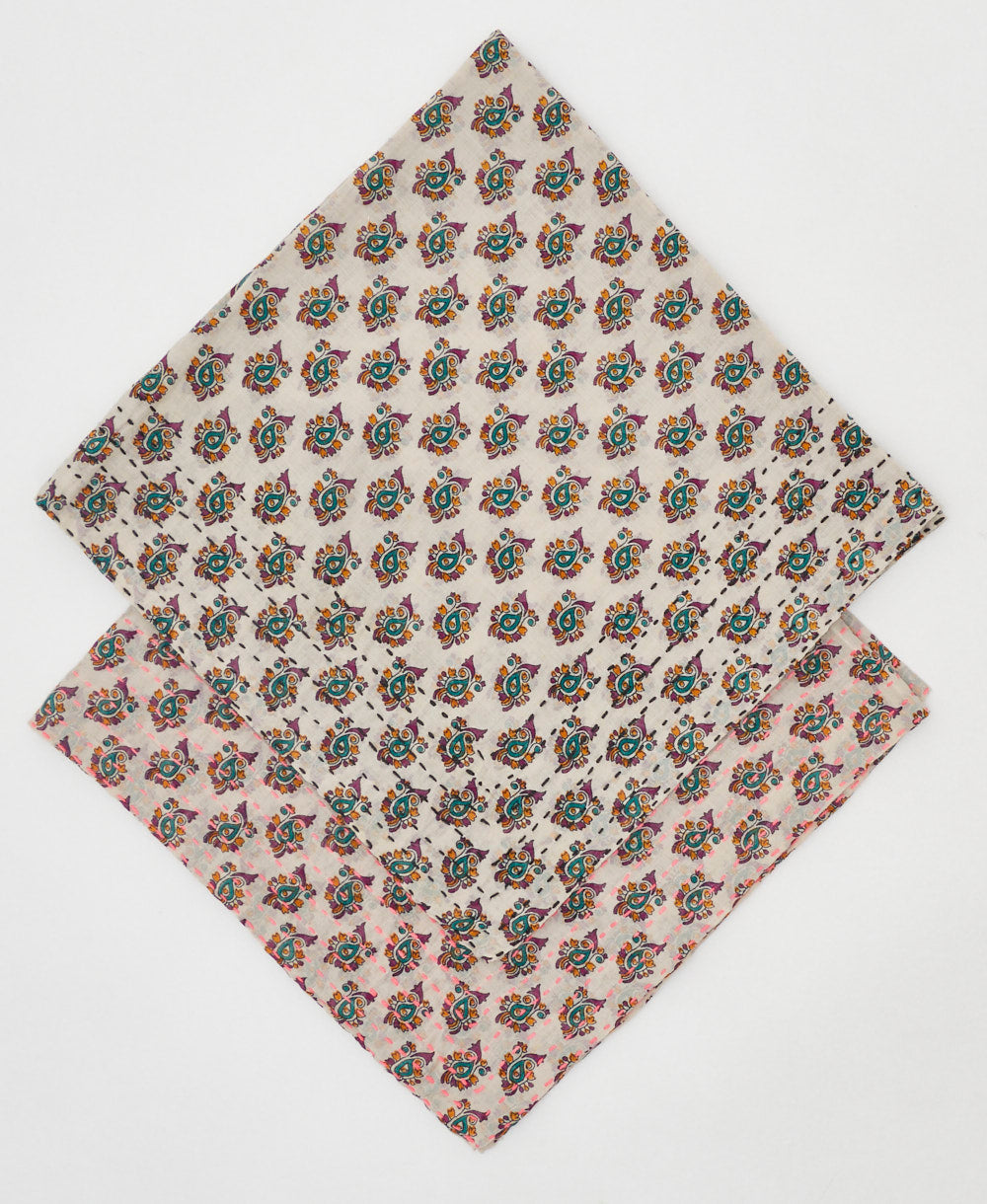 ethically made stamp print bandana featuring kantha hand stitching 