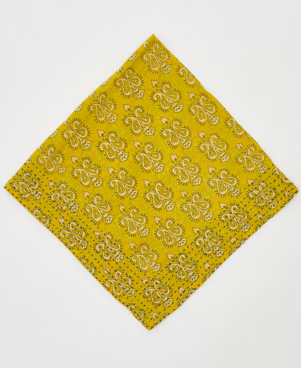 Sunny yellow stamp paisley cotton bandana scarf handmade in India
