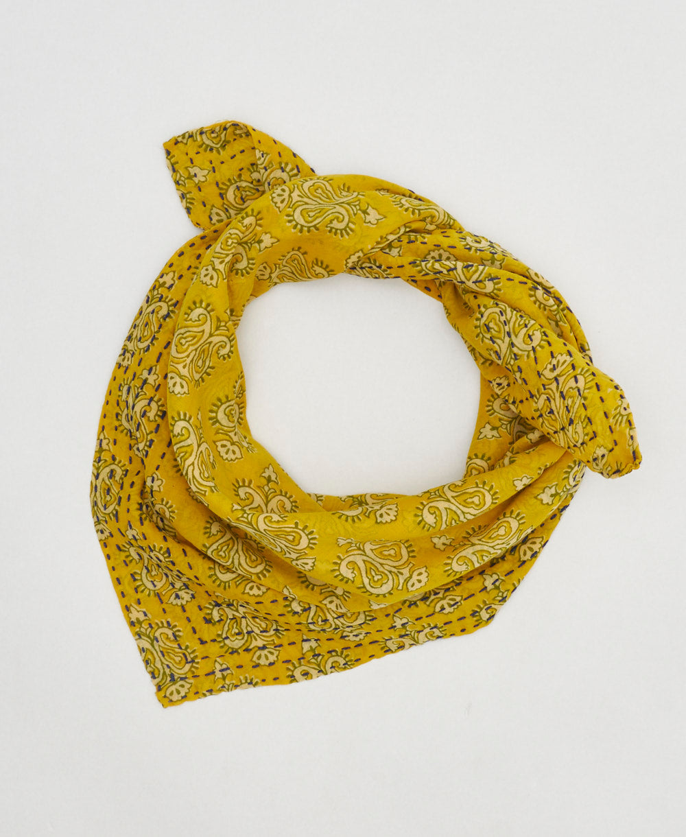 artisan-made vintage cotton bandana in a yellow stamp paisley
