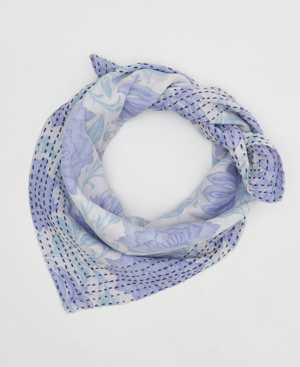 artisan-made vintage cotton bandana in a pastel blue and purple floral 