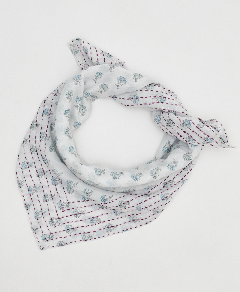 artisan-made vintage cotton bandana in a slate blue and cream understated floral
