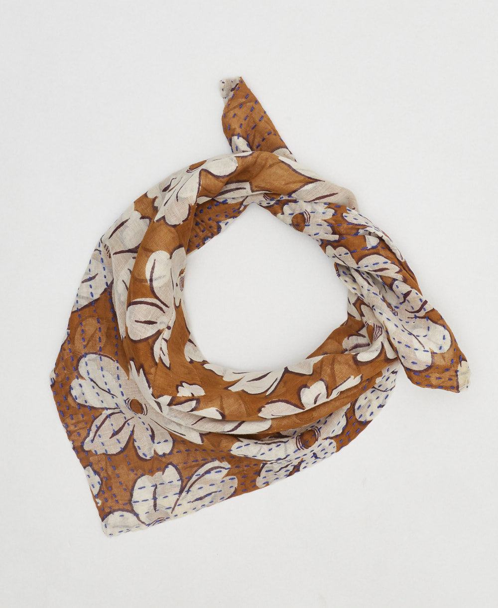 artisan-made vintage cotton bandana in a copper and white floral 
