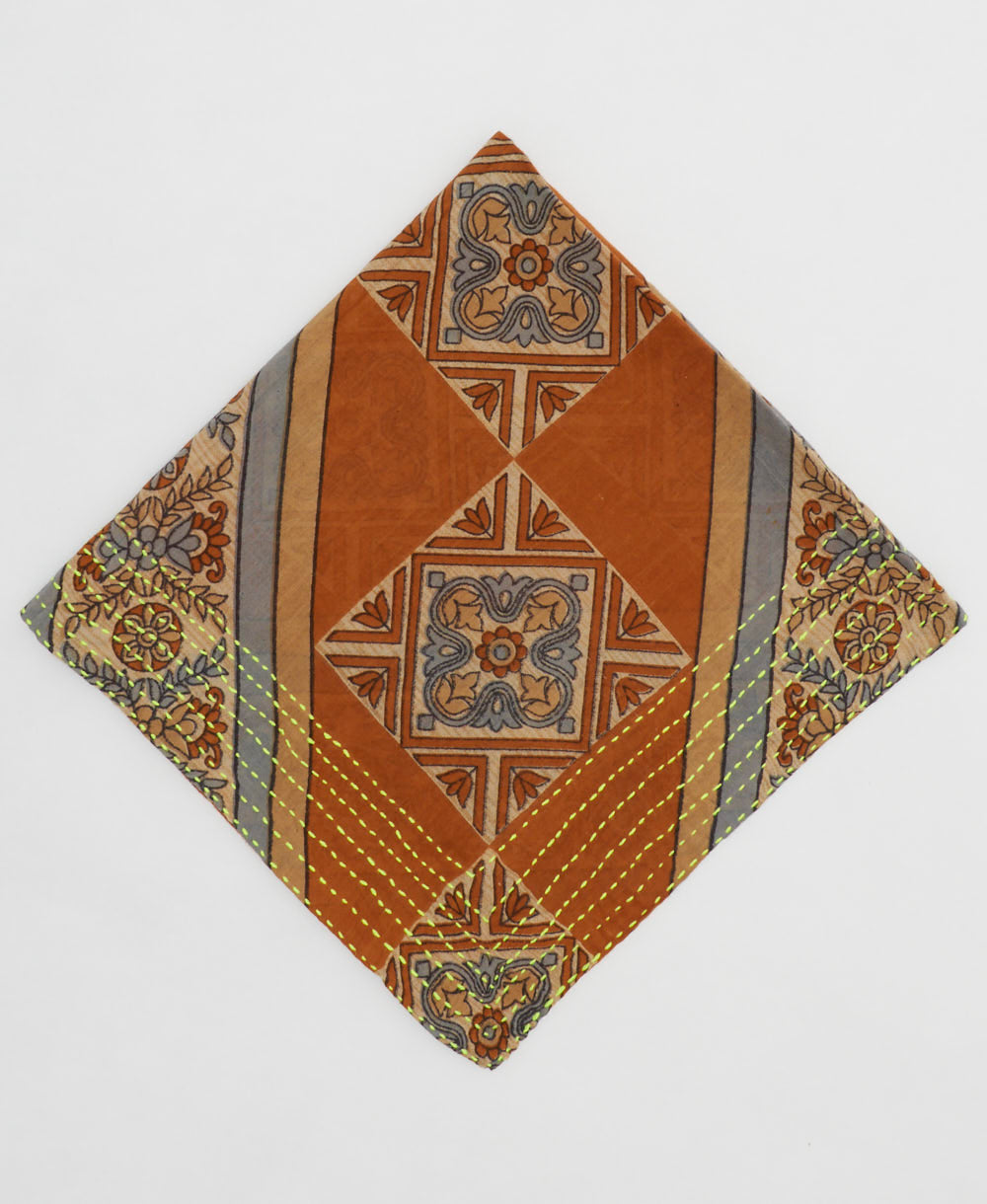 handmade cotton bandana scarf in rust-orange, light blue and sand geometric floral print