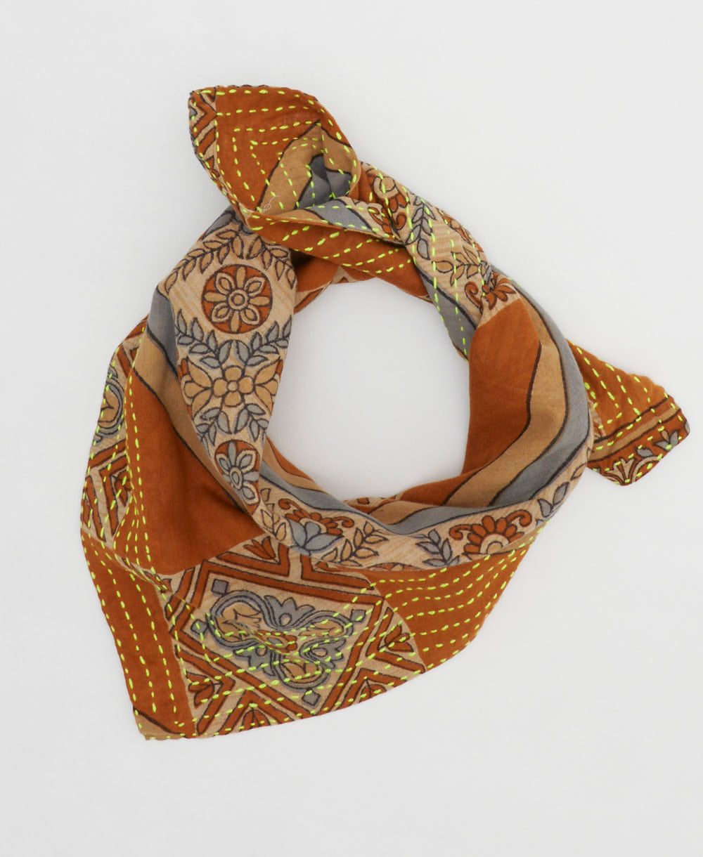 vintage bandana in rust orange with neon yellow stitching handmade in India from upcycled saris