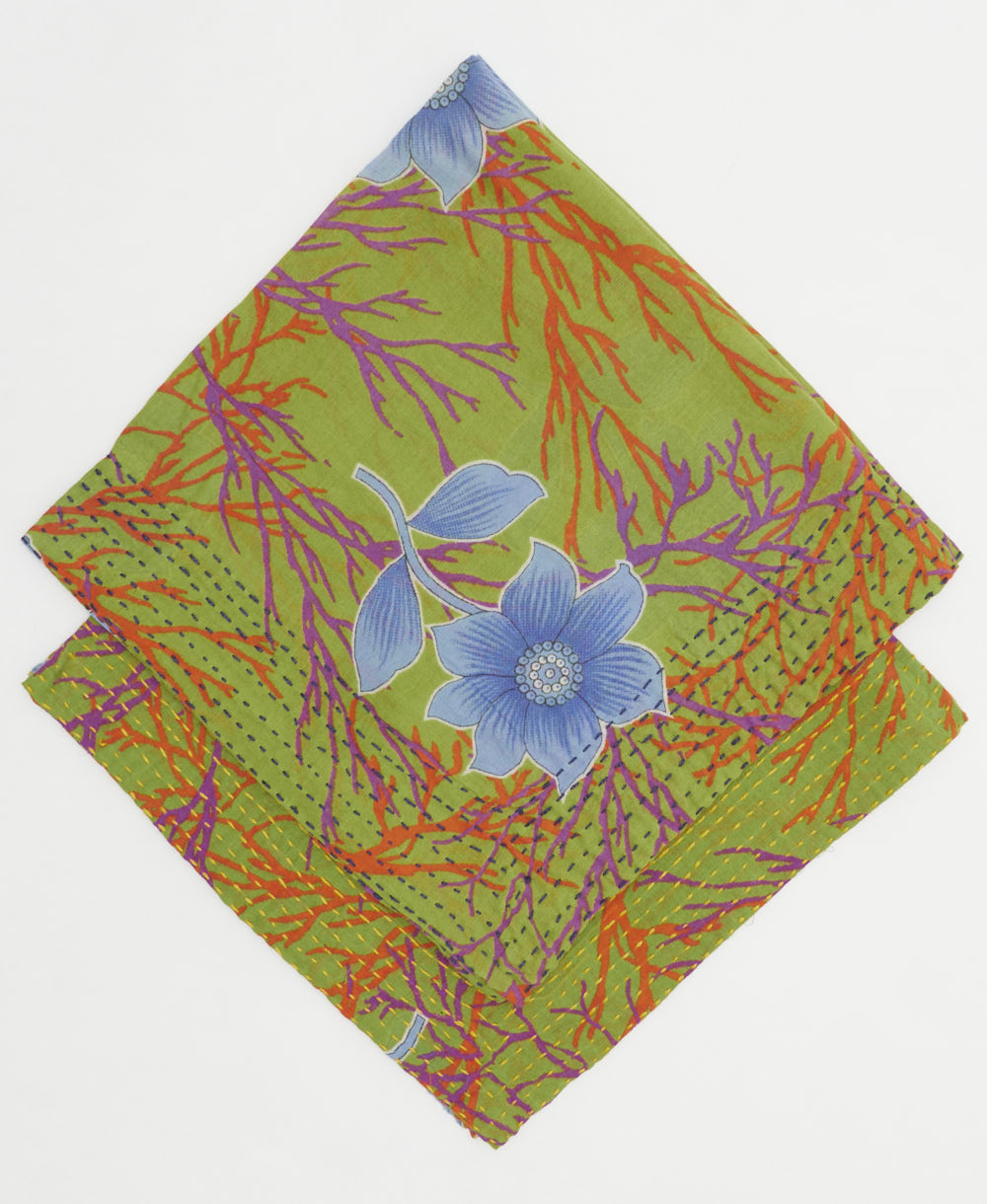 embroidered bandana made from vintage cotton saris in olive green with blue & orange floral print