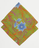 embroidered bandana made from vintage cotton saris in olive green with blue & orange floral print