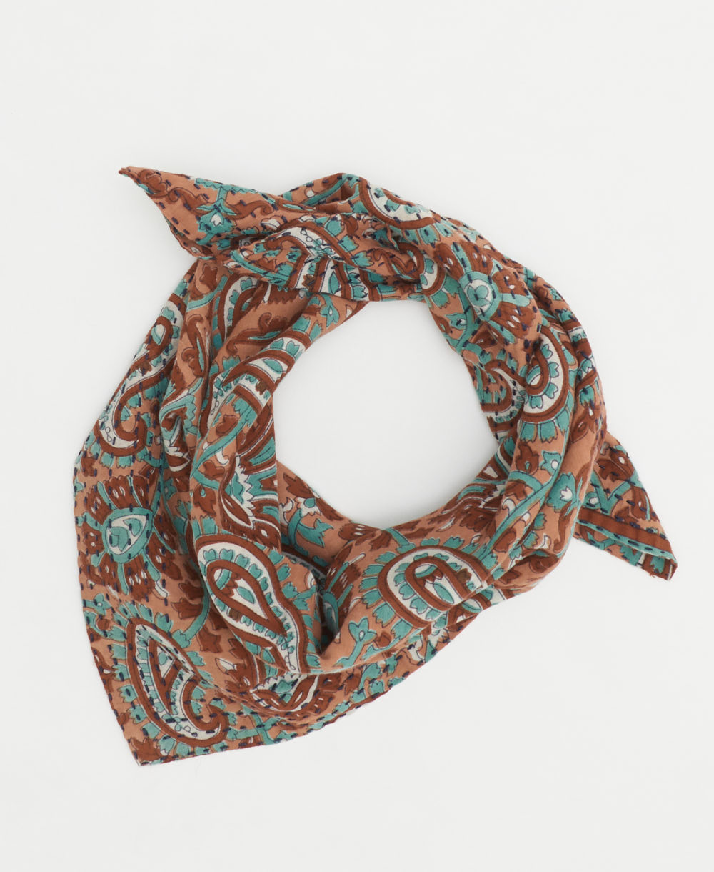 coral neckerchief with turquoise & rust red print handmade in India from vintage cotton saris