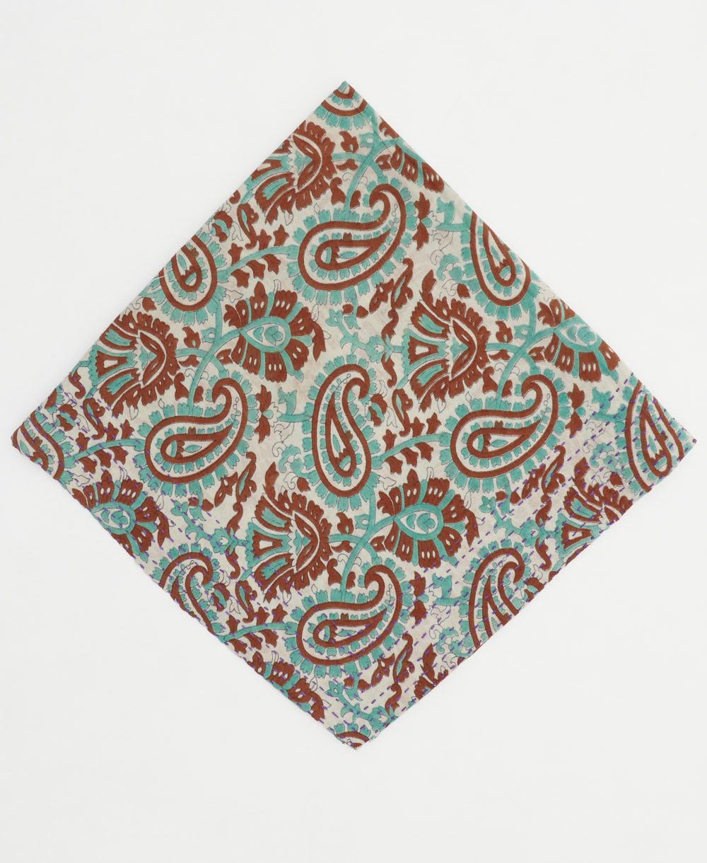 white cotton bandana with rust & turquoise paisley print handmade in India by upcycled vintage saris