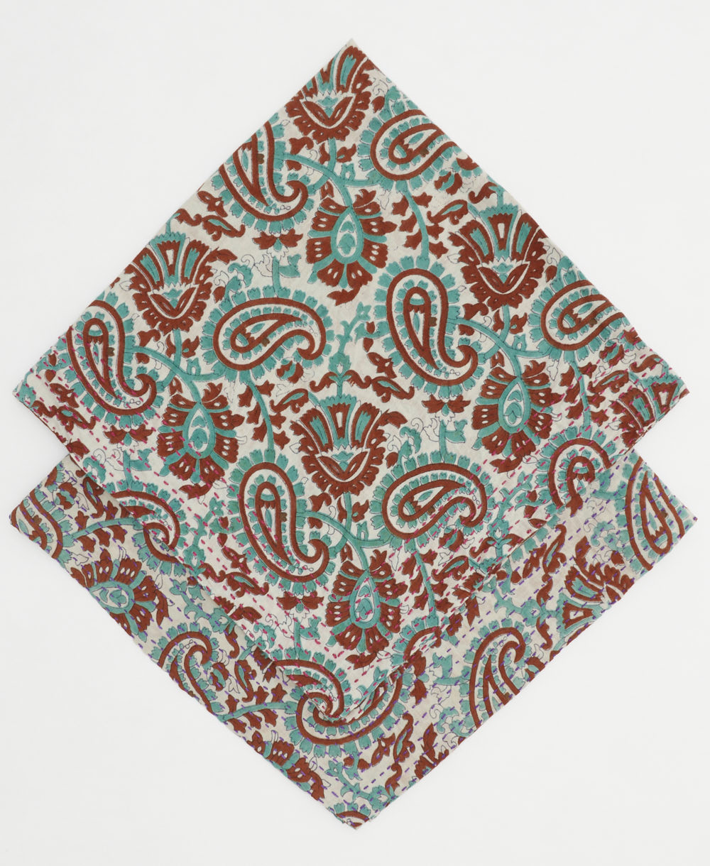 embroidered bandana made from vintage cotton saris in white, rust & turquoise paisley print