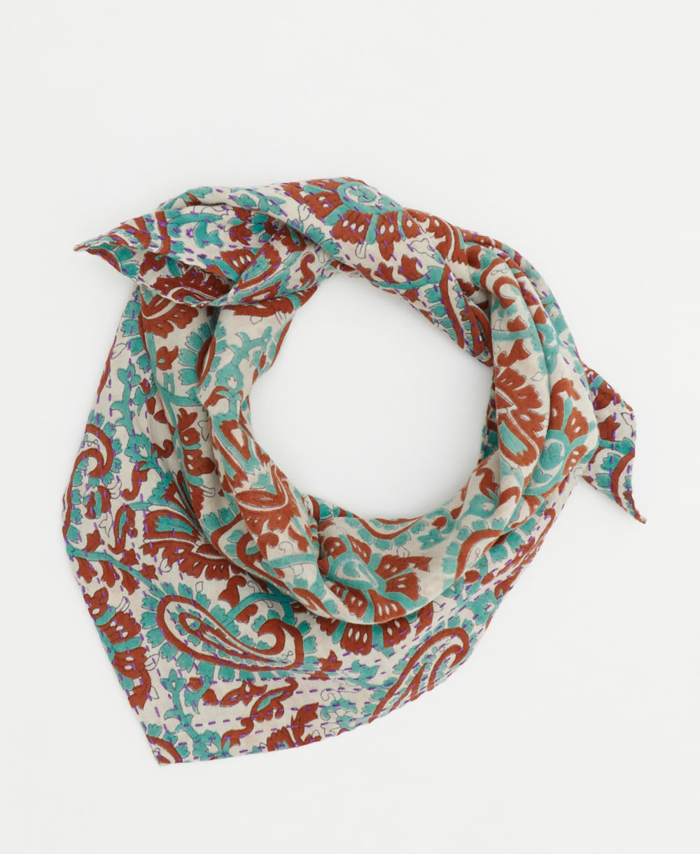 white neckerchief with turquoise & rust paisley print handmade in India from vintage cotton saris