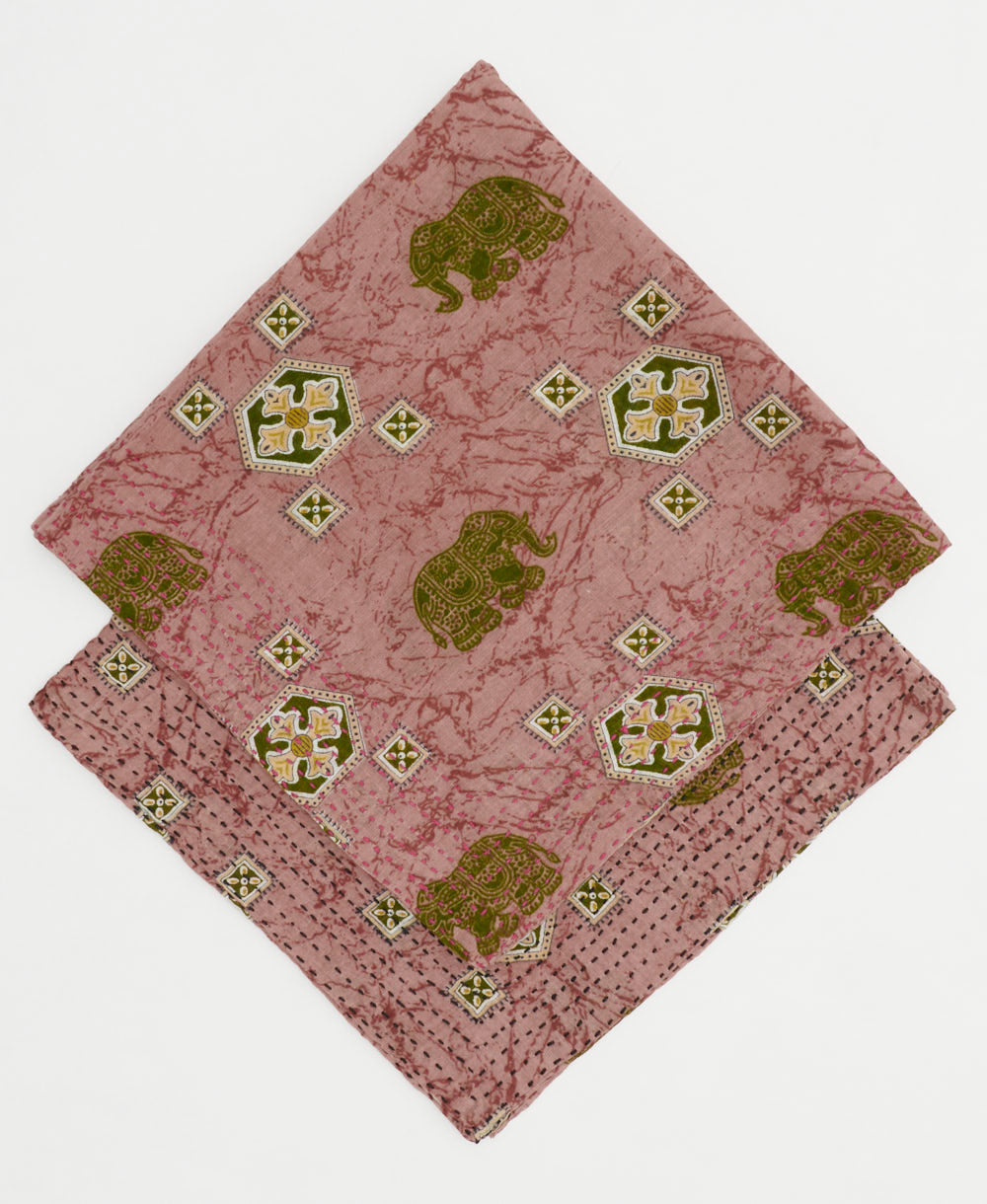 embroidered bandana made from vintage cotton saris in pinkish-brown elephant print