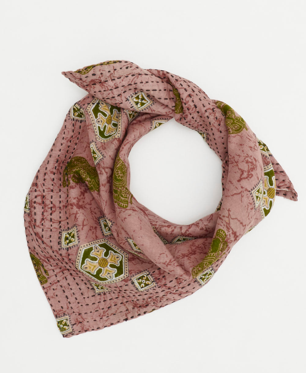 pink-brown neckerchief with green elephant print handmade in India from vintage cotton saris