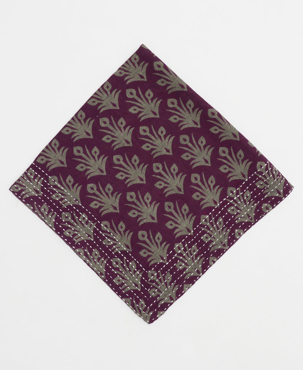 eggplant purple cotton bandana with grey medallion print handmade in India by upcycled vintage saris