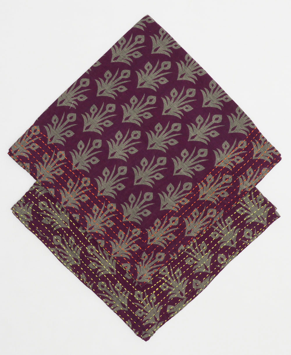 embroidered bandana made from vintage cotton saris in deep purple & grey bouquet print