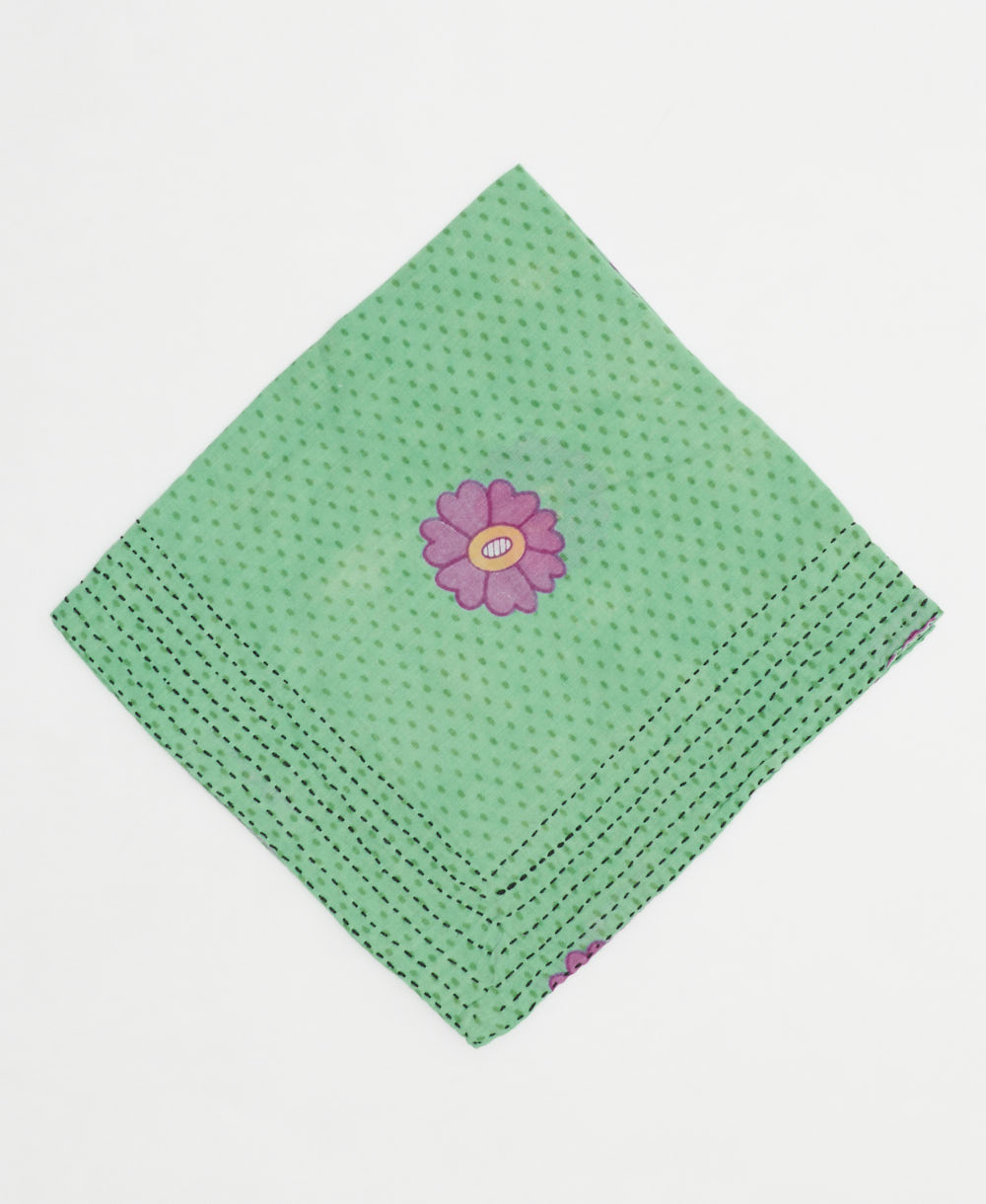 seafoam green cotton bandana with orchid purple flowers print handmade in India by upcycled vintage saris