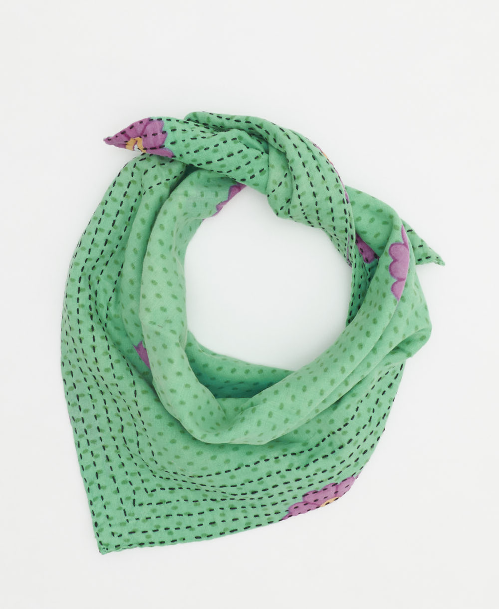 mint green neckerchief with purple daisy print handmade in India from vintage cotton saris