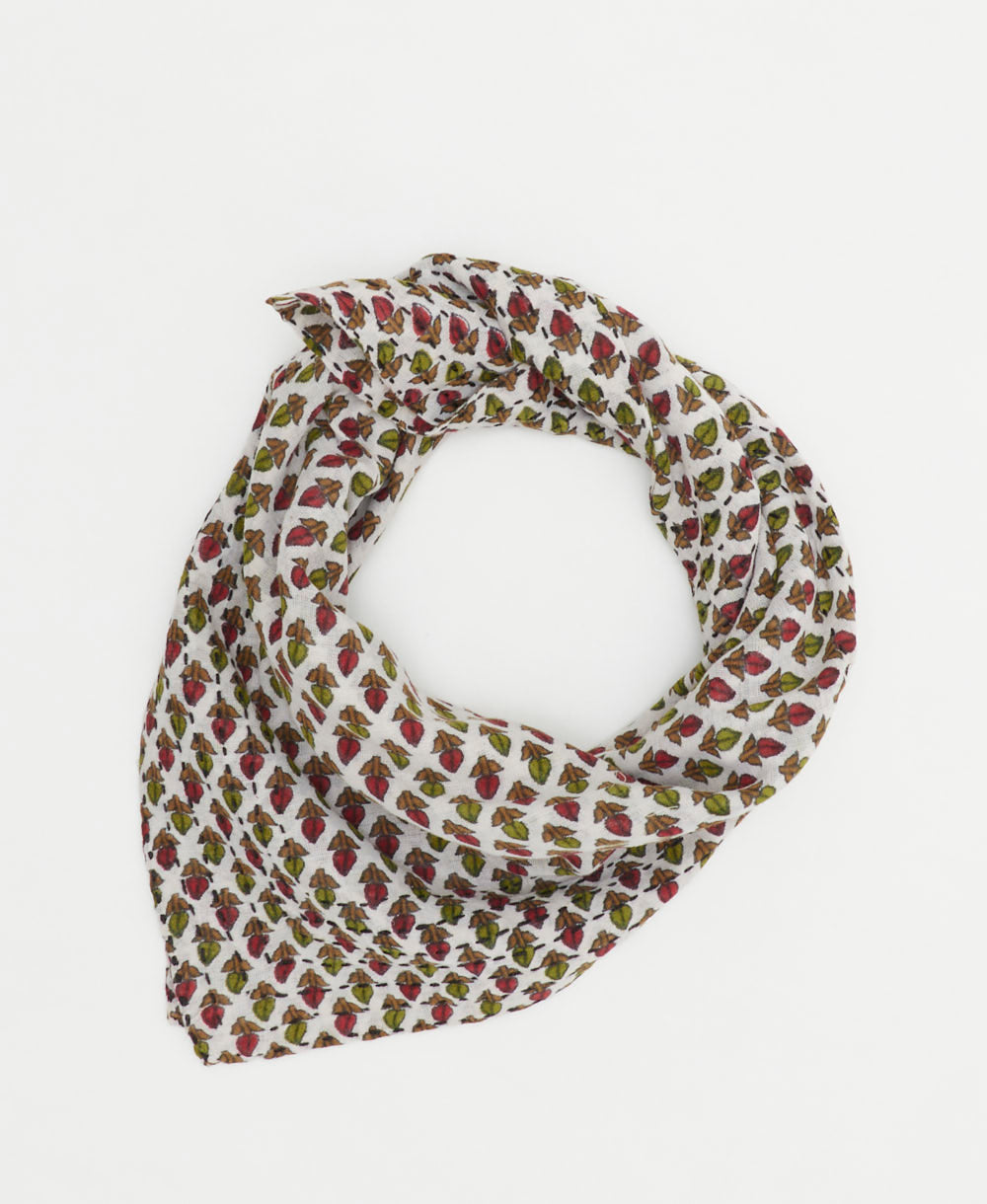 embroidered white neckerchief with red & green tiny repeating floral print handmade in India from vintage cotton saris