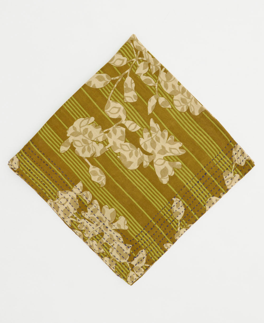 olive green cotton bandana with tan striped floral print handmade in India by upcycled vintage saris