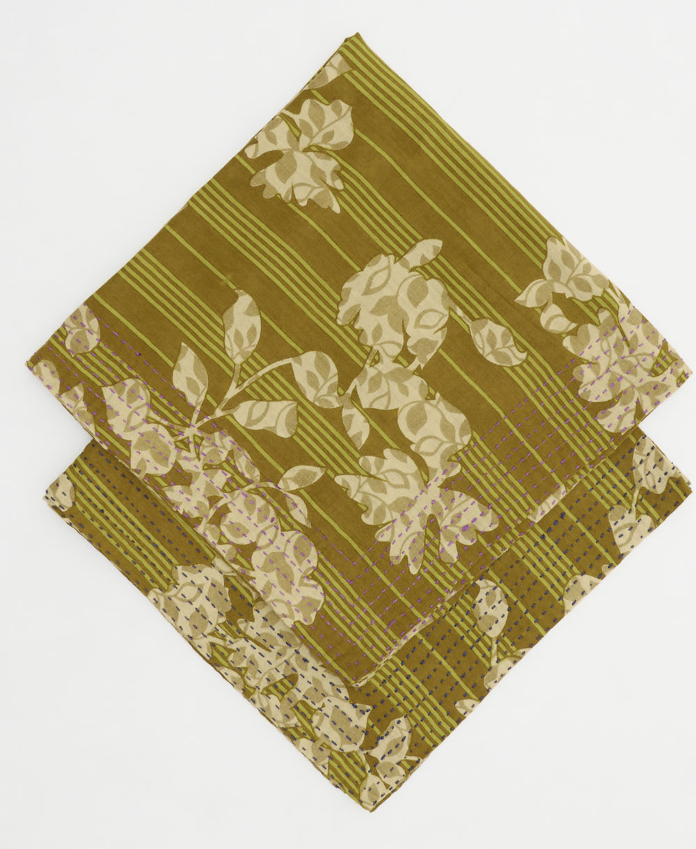 embroidered bandana made from vintage cotton saris in olive green & tan striped floral print