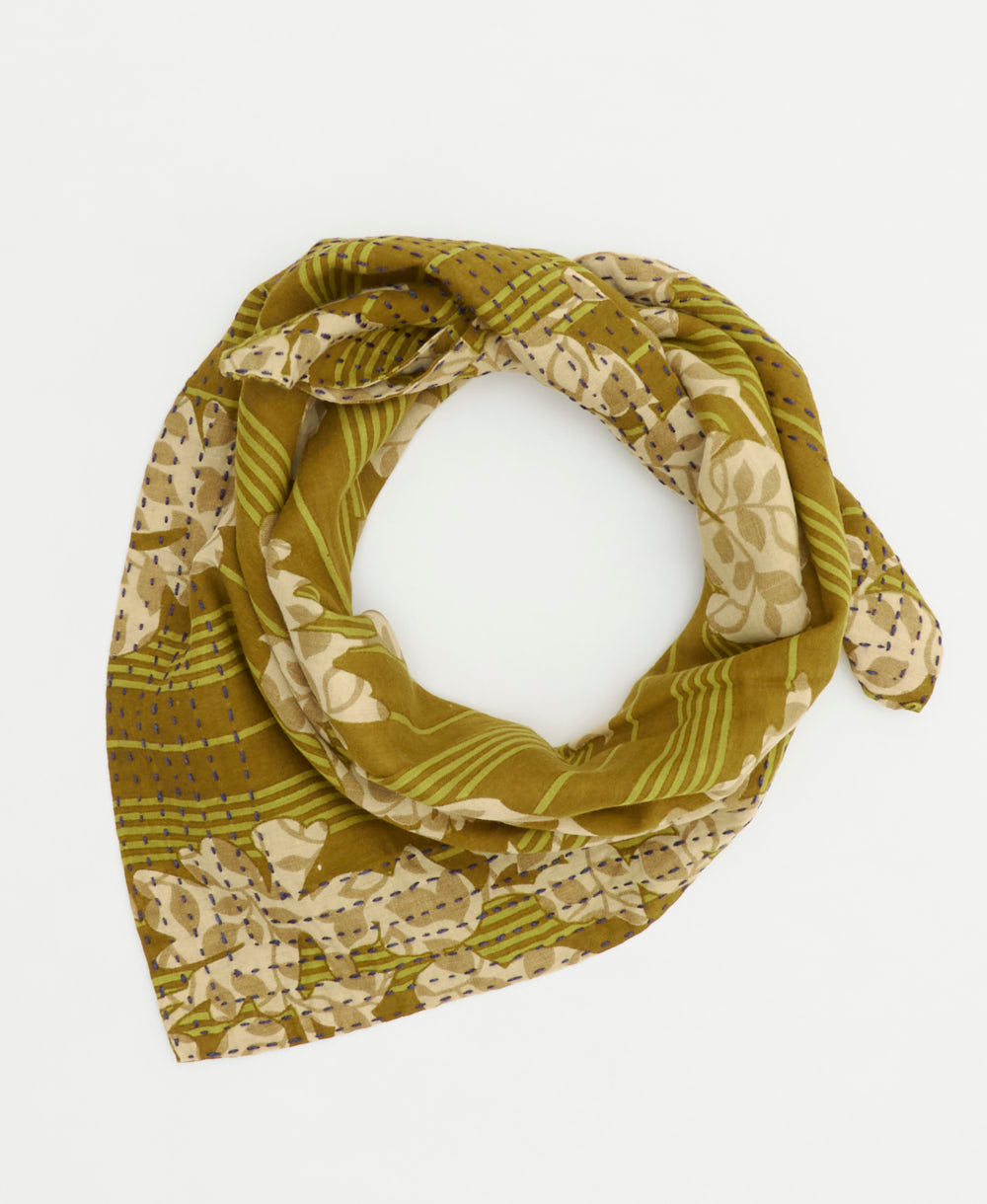 olive green neckerchief with tan striped floral print handmade in India from vintage cotton saris