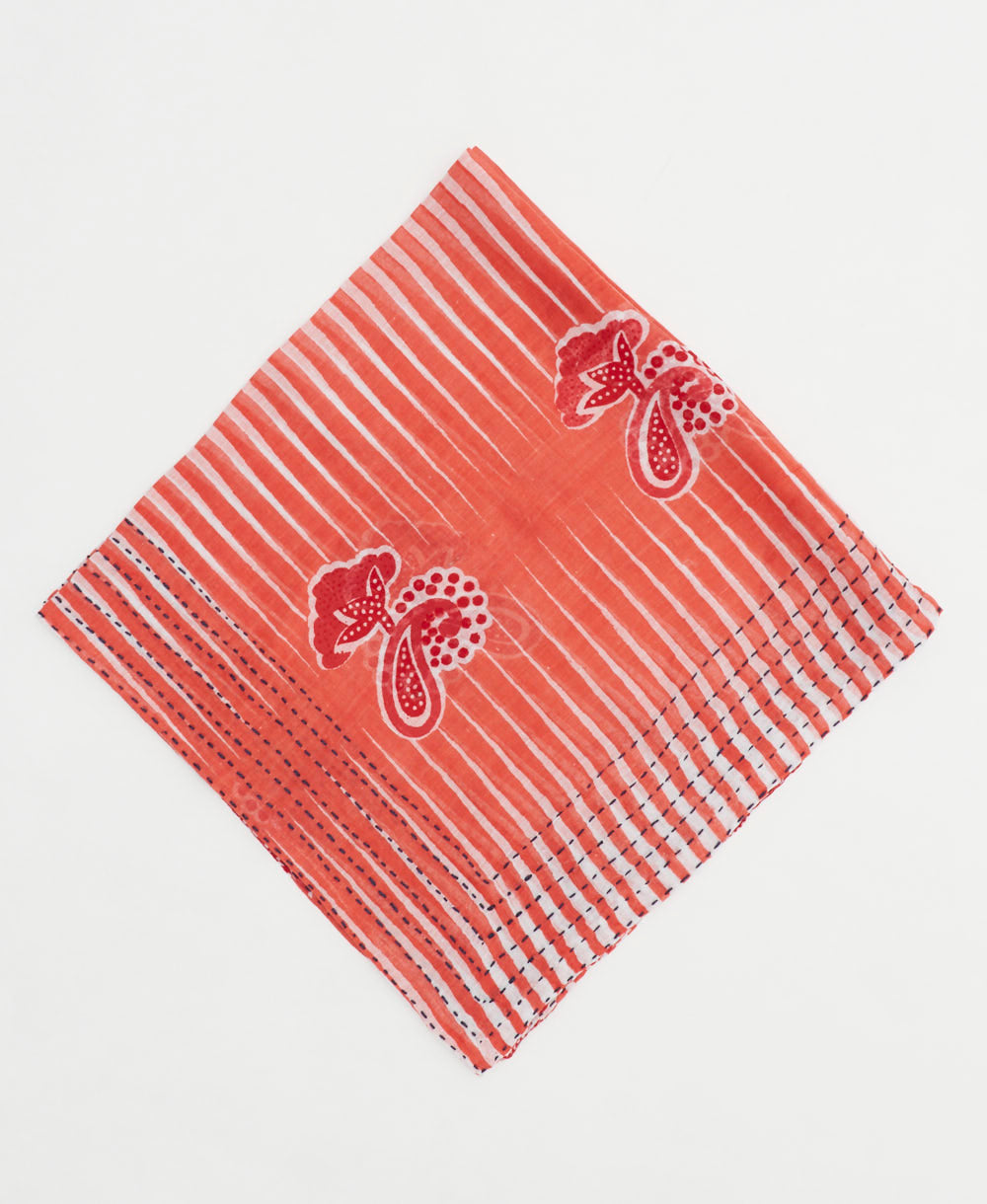 coral cotton bandana with white abstract stripe print handmade in India by upcycled vintage saris