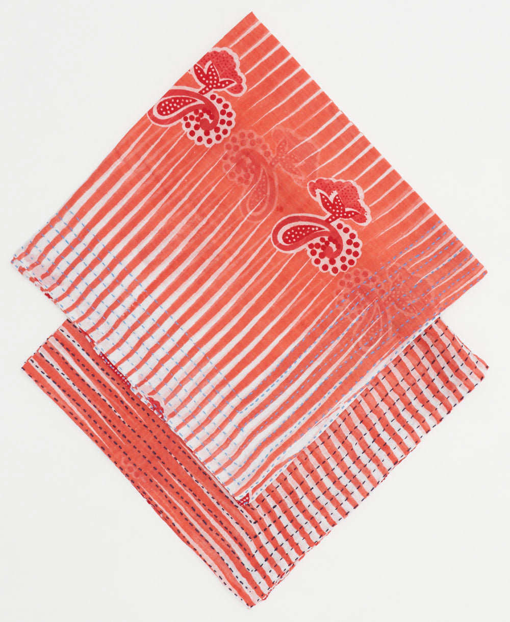 embroidered bandana made from vintage cotton saris in white & coral abstract stripe print