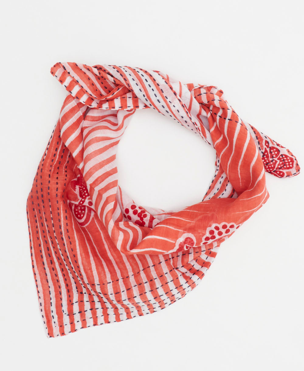 coral & white neckerchief with abstract stripe print handmade in India from vintage cotton saris