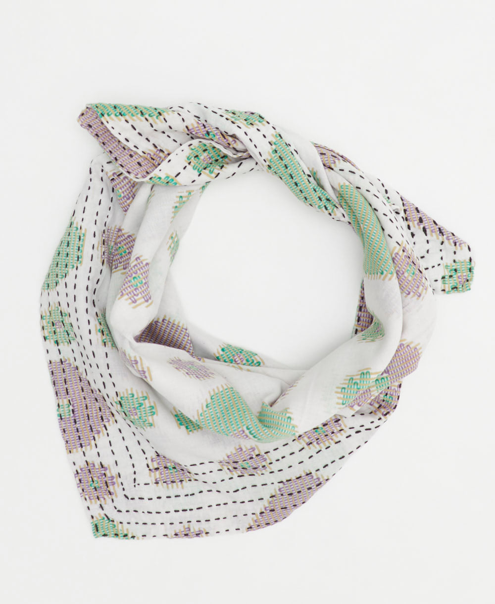 embroiderd white neckerchief with abstract green & purple paisley print handmade in India from vintage cotton saris