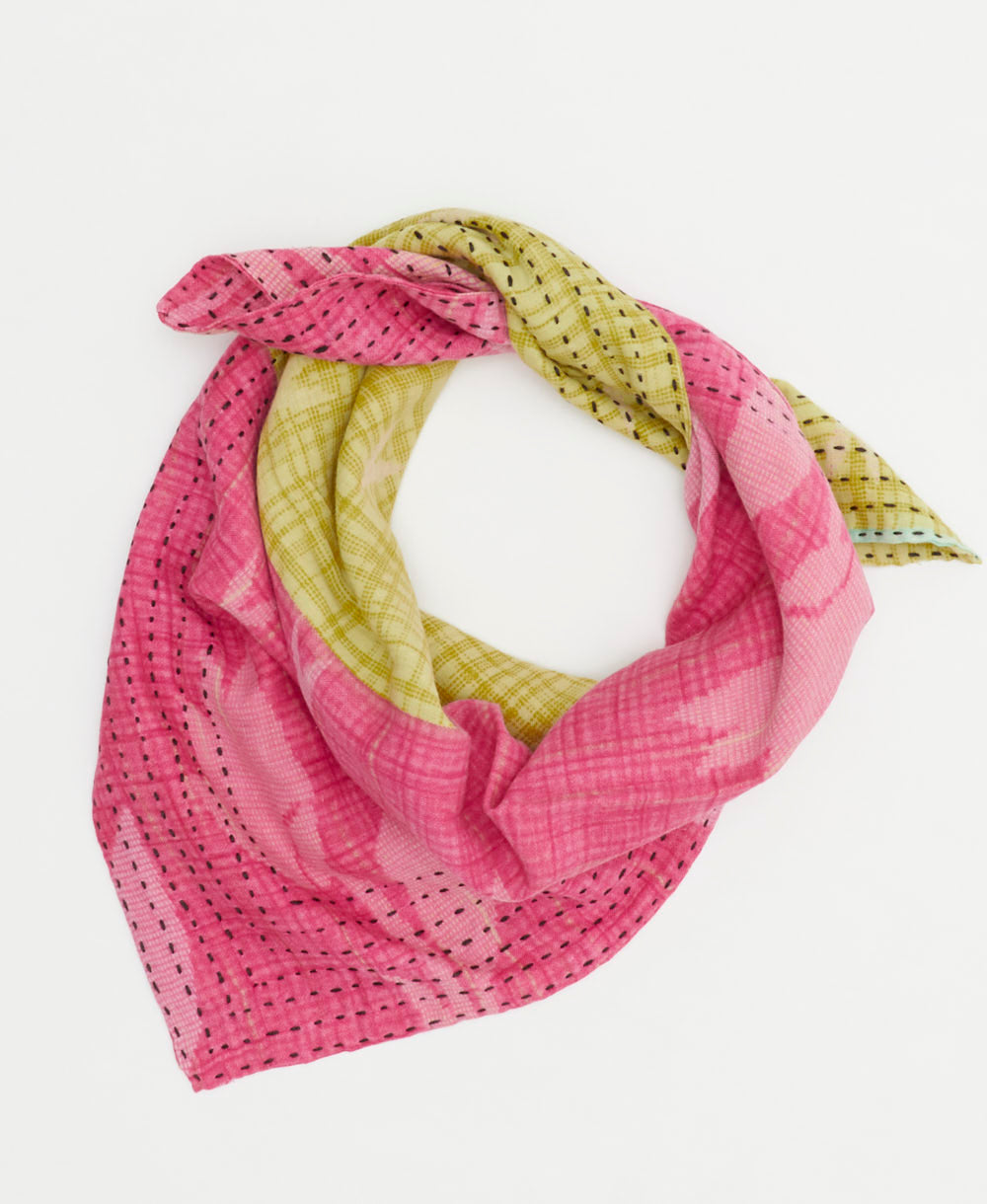 hot pink neckerchief with abstract yellow print handmade in India from vintage cotton saris