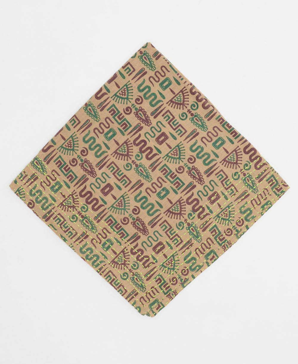 tan cotton bandana with brown & green geometric print handmade in India by upcycled vintage saris