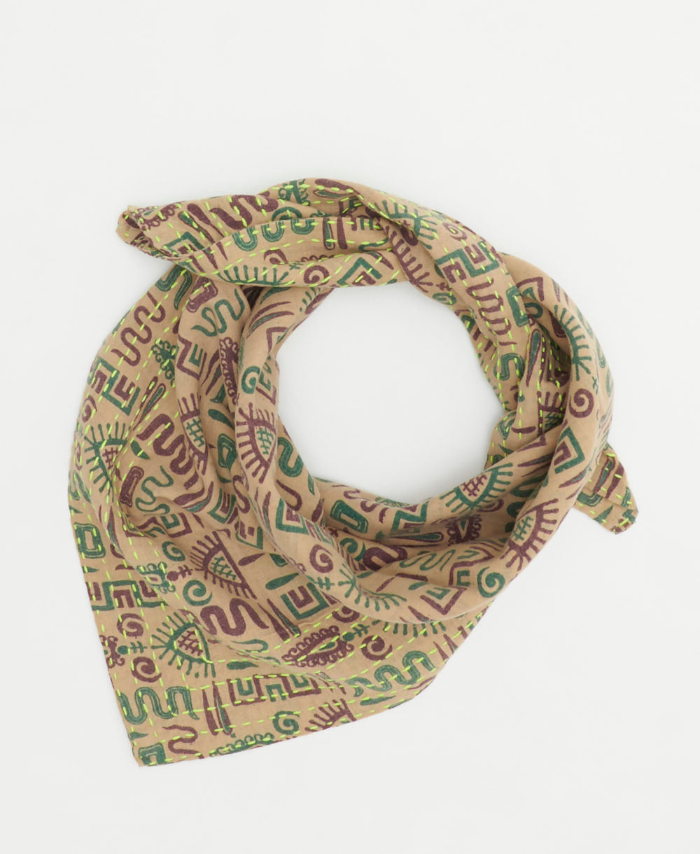 tan neckerchief with brown & green geometric print handmade in India from vintage cotton saris