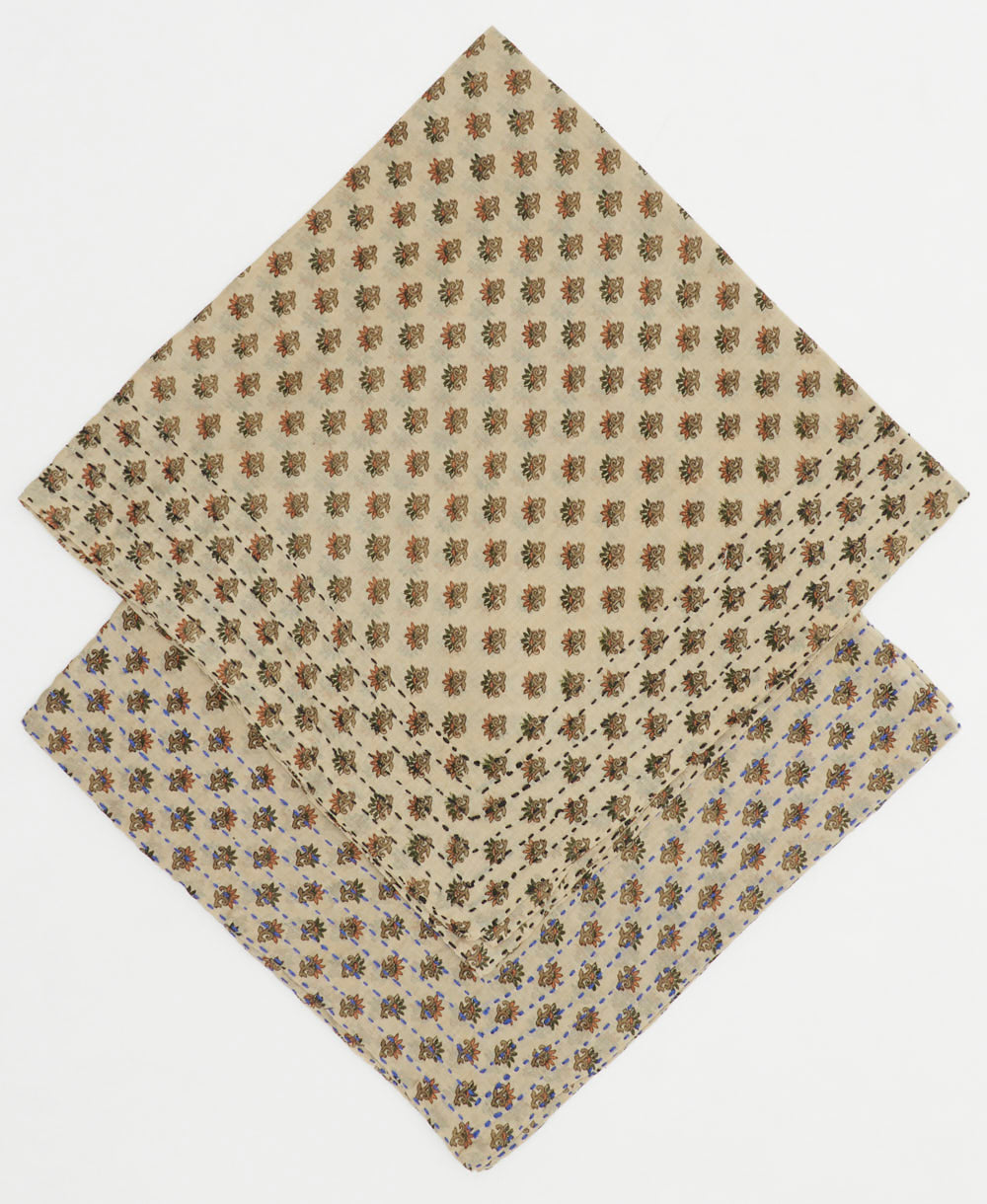 embroidered bandana made from vintage cotton saris in tan, black & sage tiny floral print