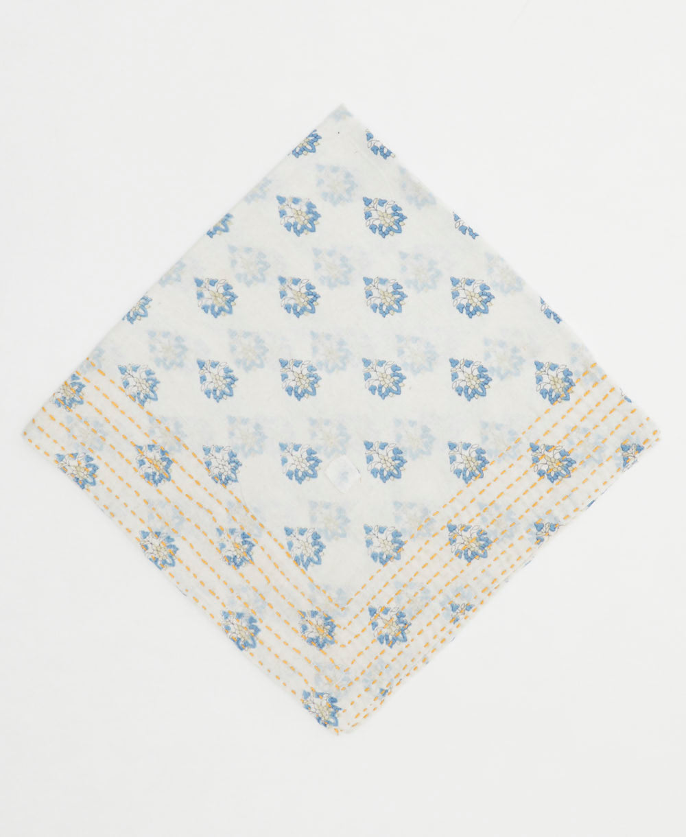 embroiderd white neckerchief with blue floral print handmade in India from vintage cotton saris